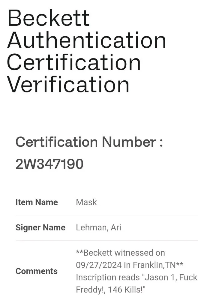 Ari Lehman - Jason #1 — Ari Lehman Friday The 13th Signed Jason Mask w/ 146 Kills F**k Freddy 3x Scripts, изображение 5