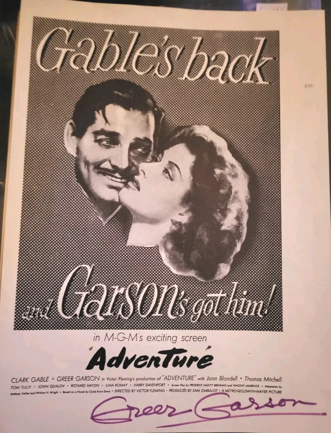 Greer Garson — 1946 Greer Garson Signed MGM Movie ADVENTURE Clark Gable Movie Print Ad W/ COA, изображение 2