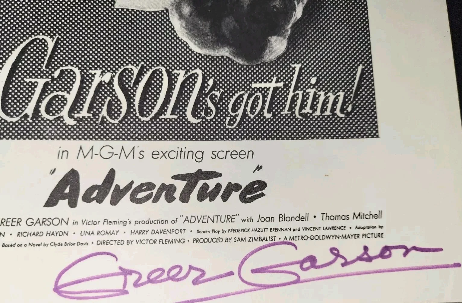 Greer Garson — 1946 Greer Garson Signed MGM Movie ADVENTURE Clark Gable Movie Print Ad W/ COA, изображение 3