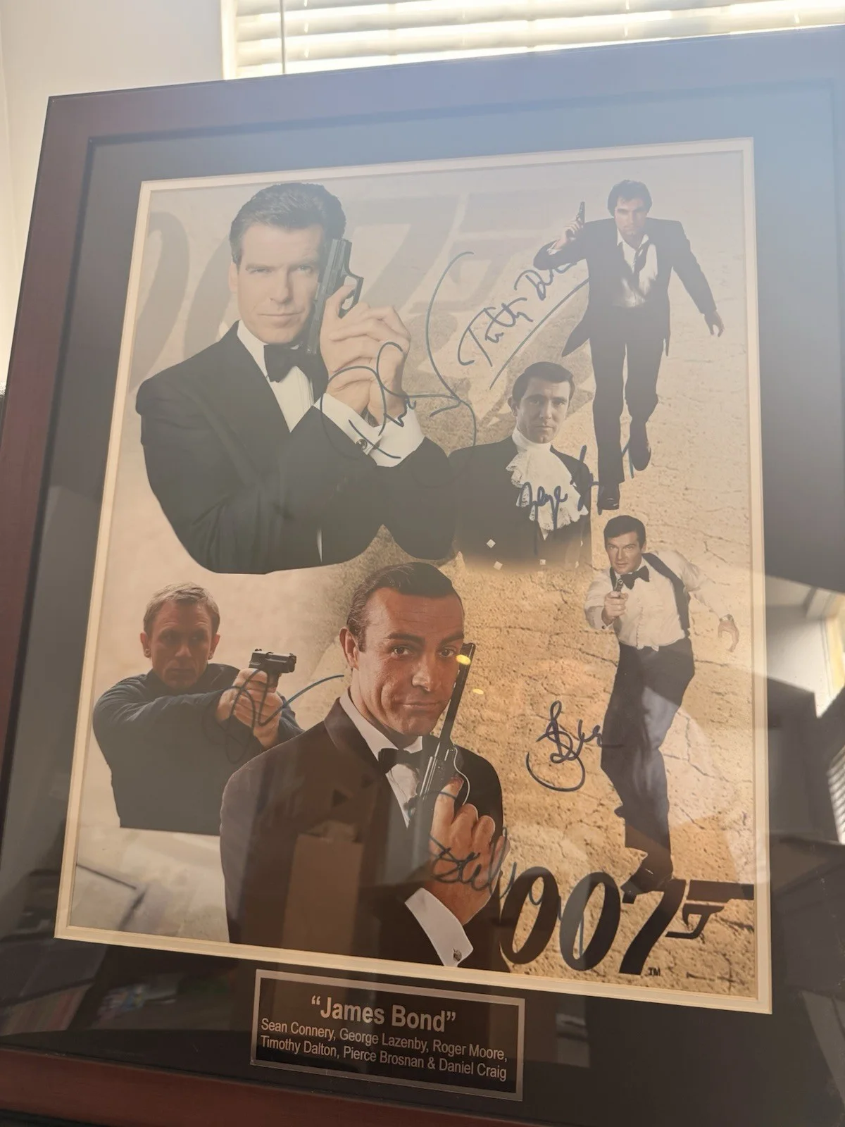 Sean Connery, George Lazenby, Roger Moore, Timothy Dalton, Pierce — James Bond 007 Multi-Signed Framed Photo COA R&M Real Connery Lazenby Moore