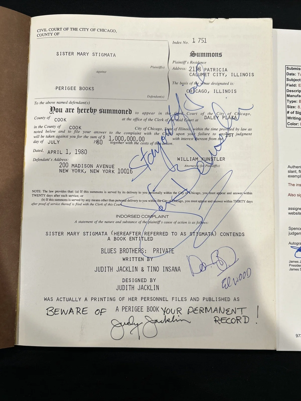 Blues Brothers: Private Signed John Belushi, Dan Aykroyd, Judi Belushi JSA, image 2