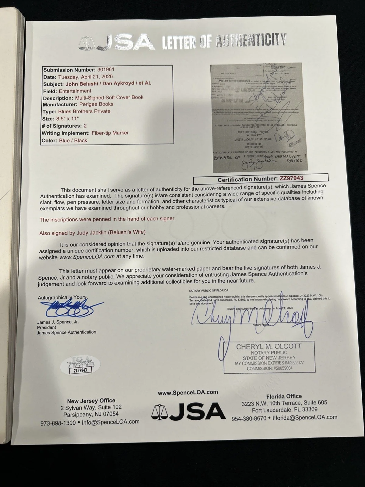 Blues Brothers: Private Signed John Belushi, Dan Aykroyd, Judi Belushi JSA, image 3