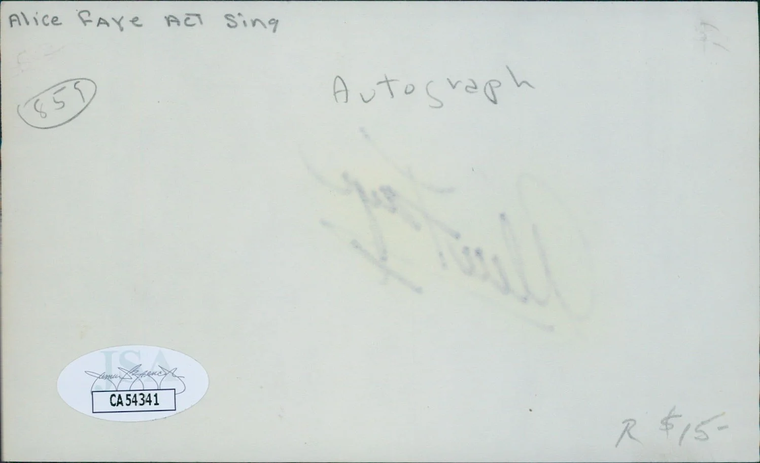 Alice Faye — Alice Faye Actress Singer Signed 3x5 Index Card JSA Authenticated, image 2