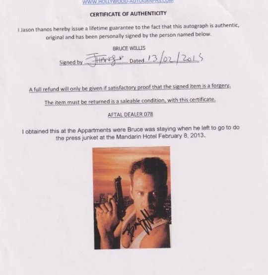 Bruce Willis — BRUCE WILLIS AUTHENTIC IN-PERSON SIGNED DIE HARD AUTOGRAPH LONDON FEB. 8, 2013, изображение 2
