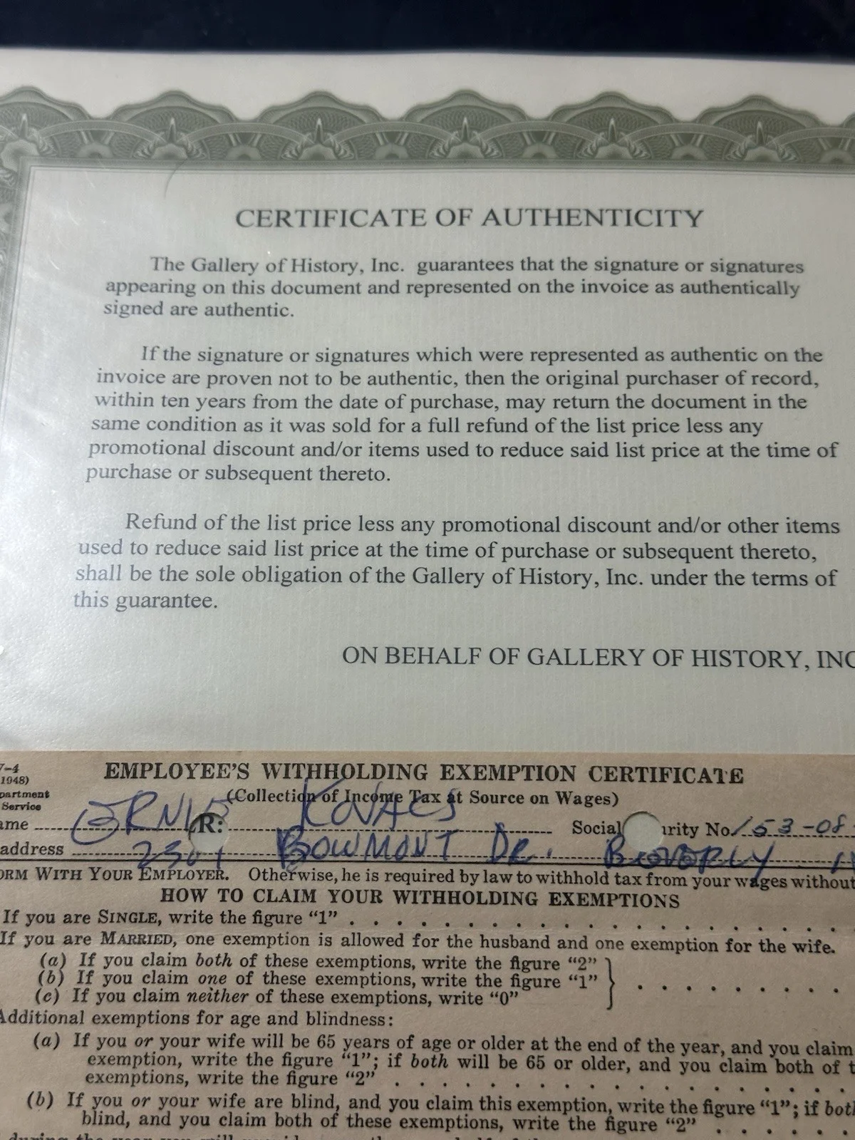 Ernie Kovacs Actor/Comedian Signed Autographed Document W/ COA Galley Of Heroes, изображение 2