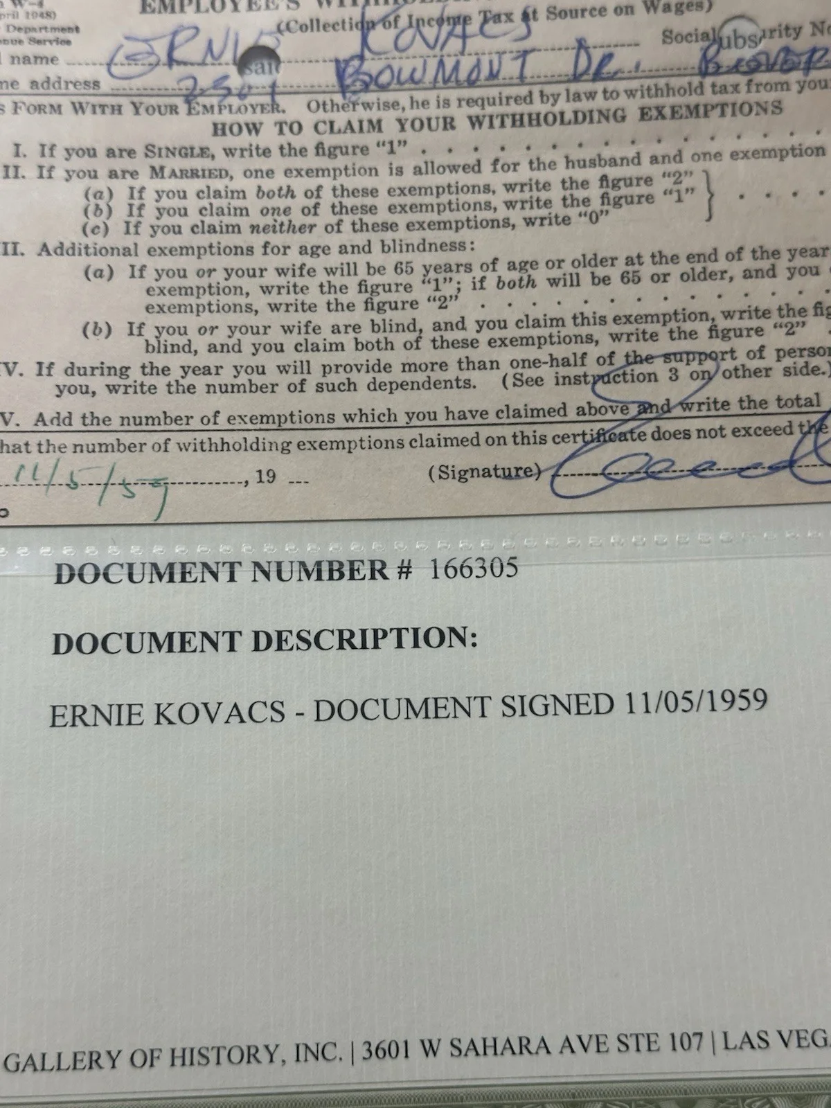 Ernie Kovacs Actor/Comedian Signed Autographed Document W/ COA Galley Of Heroes, изображение 3