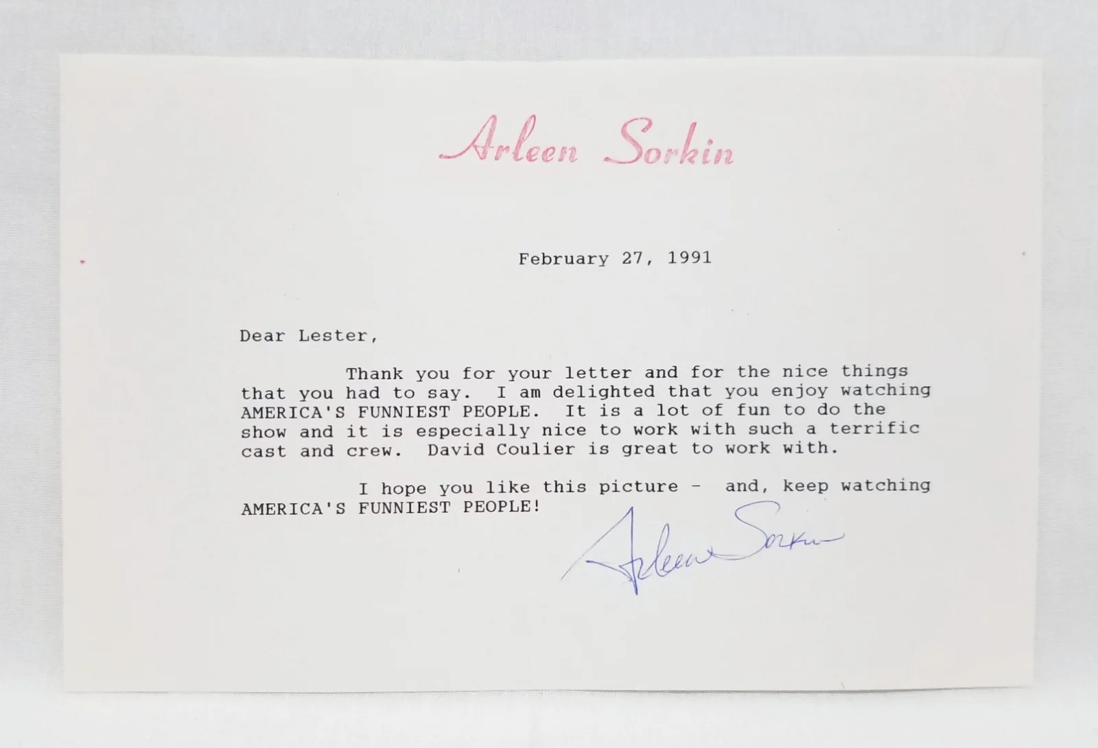 Arleen Sorkin — Arleen Sorkin Signed 5x7 Photo & Note 1991 Actress & Animated Harley Quinn RARE, image 4