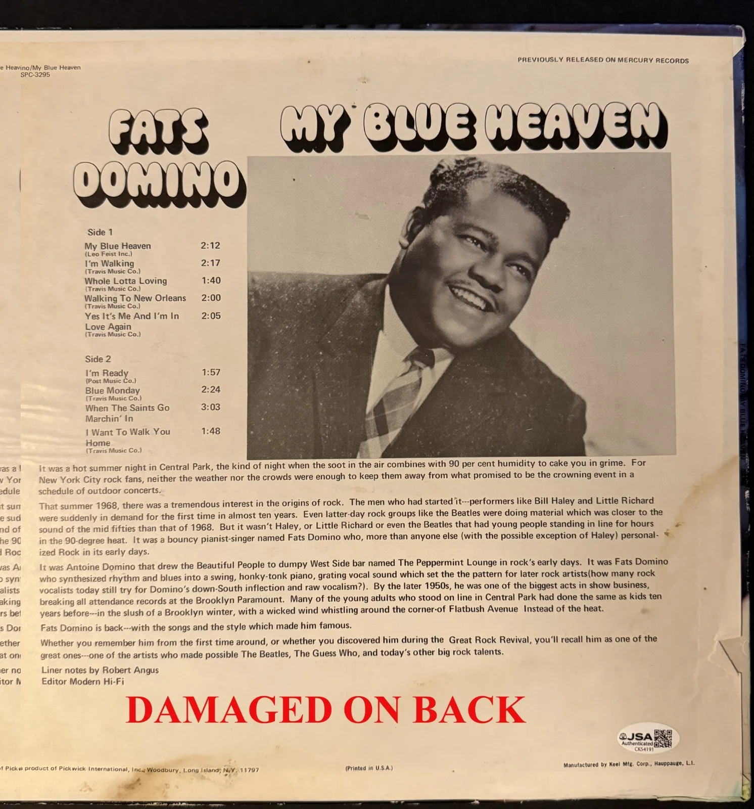 Fats Domino (Deceased) SIGNED JSA COA Vinyl "My Blue Heaven" LP Record AUTOGRAPH, изображение 3