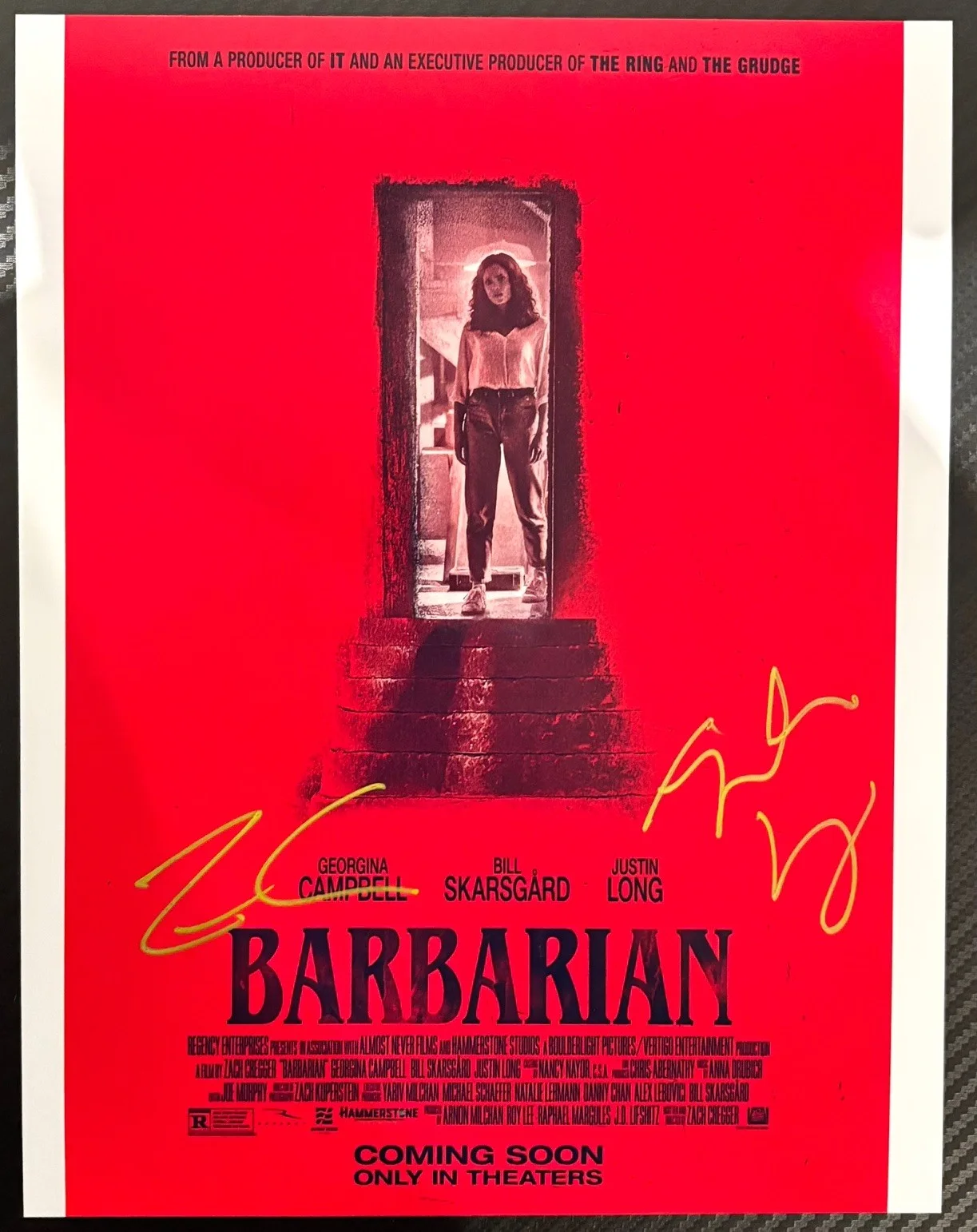 Zach Cregger, Justin Long — ZACH CREGGER & JUSTIN LONG SIGNED 8x11.5 BARBARIAN POSTER w/ PROOF
