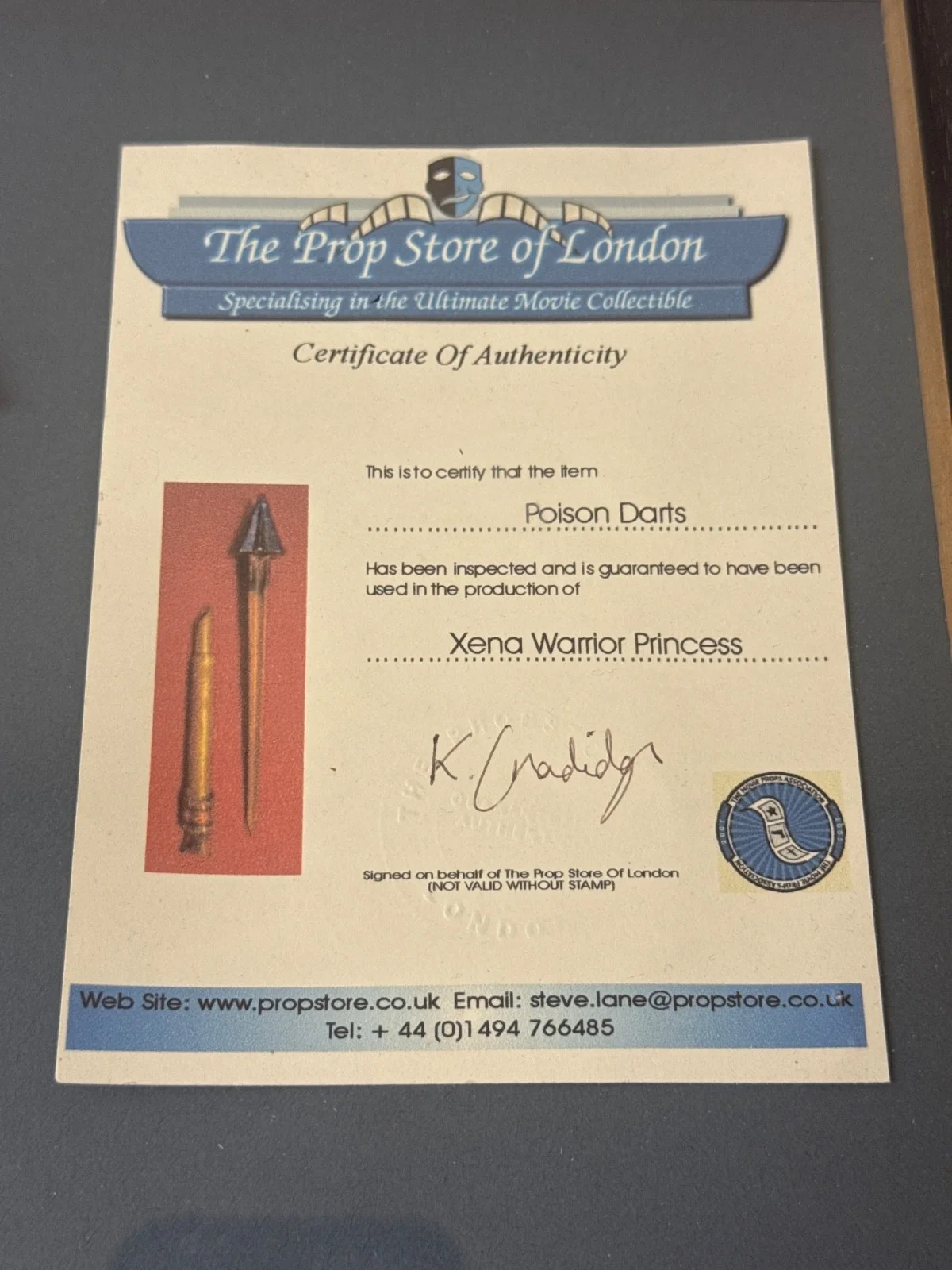 Xena Warrior Princess Poison Dart prop COA Propstore, image 5