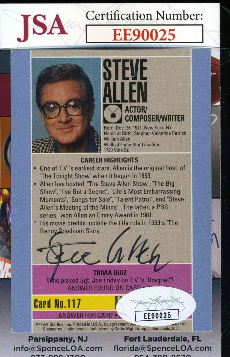 STEVE ALLEN — Steve Allen Jsa Coa Hand Signed 1991 Starline Hollywood Autograph