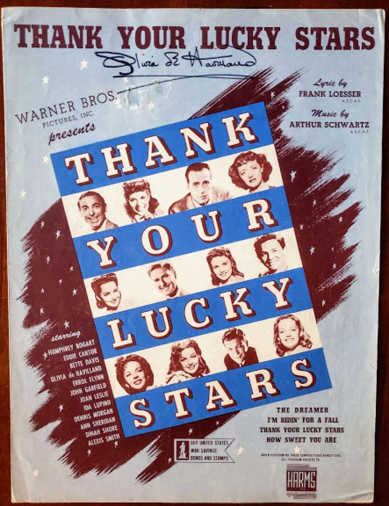 OLIVIA DE HAVILLAND — Olivia De Havilland Psa Dna Signed Thank Your Lucky Stars Sheet Music Autograph