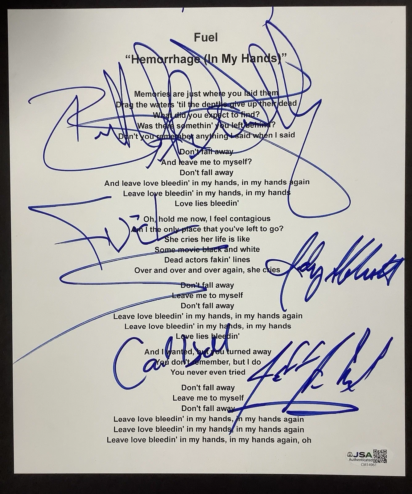 Fuel Signed Lyrics Sheet In My Hands Music Brett Scallions +3 Autographs JSA, image 3