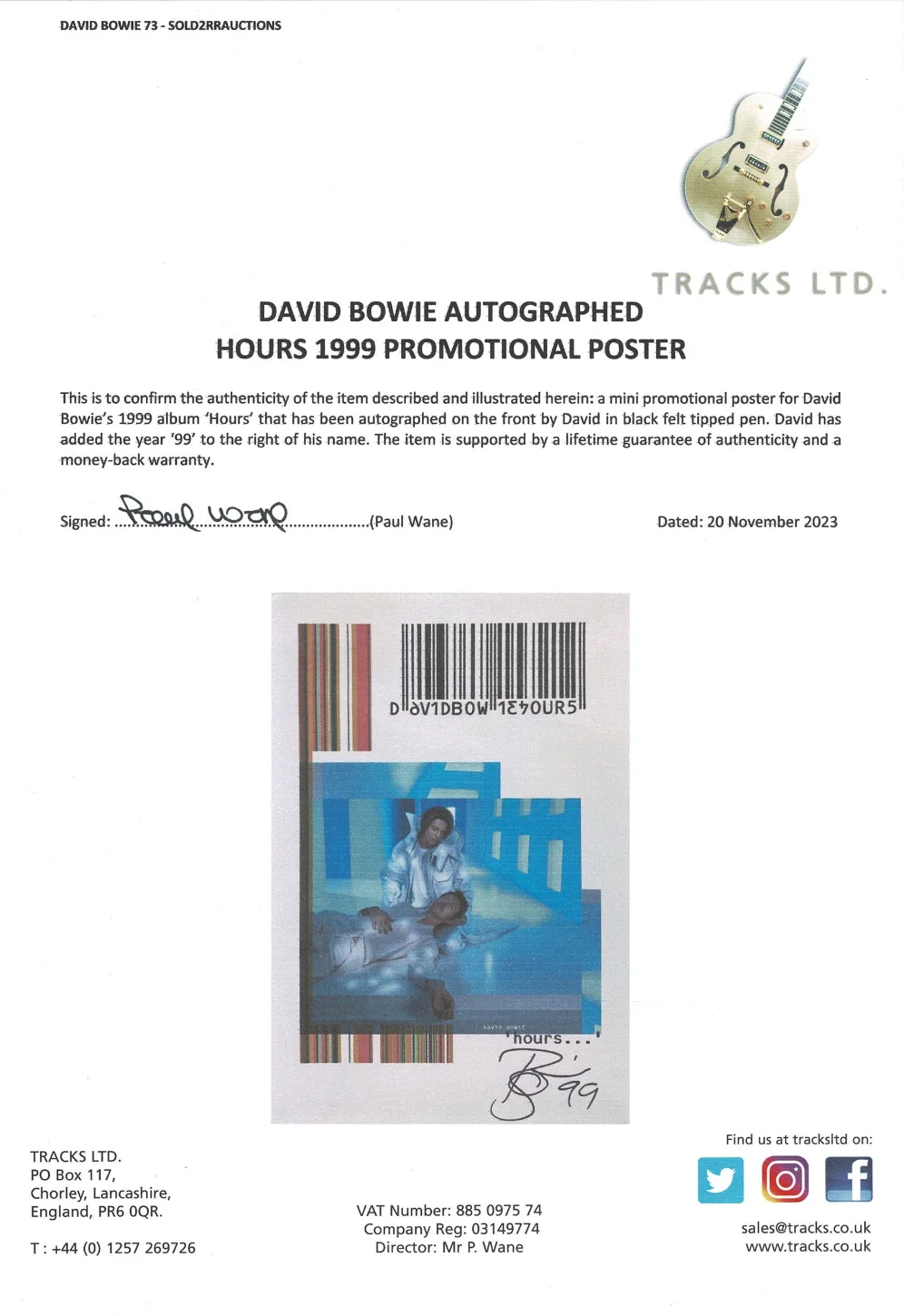 David Bowie 1999 Autographed Signed Hours Tour Poster Tracks LOA 24671, изображение 3