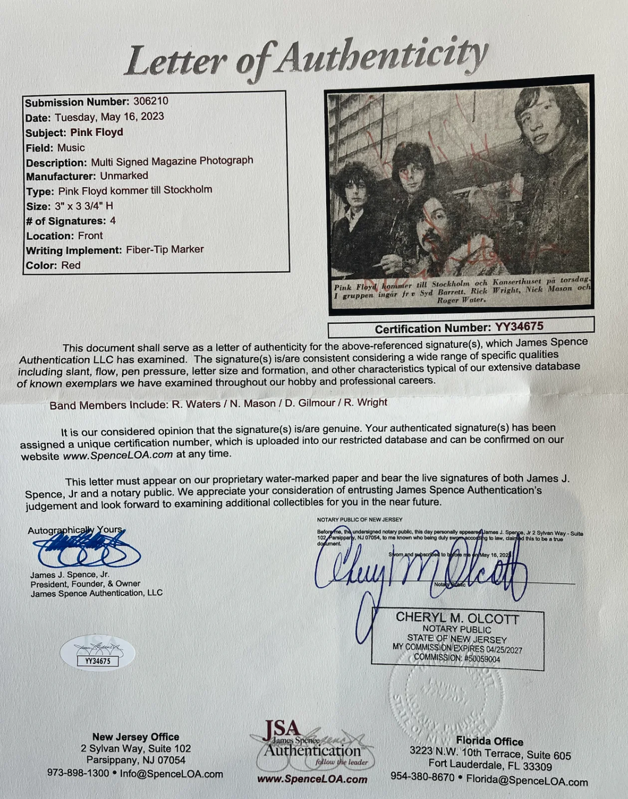 Pink Floyd Autographed Signed Full Band Framed Photo David Gilmour JSA LOA 25449, image 3