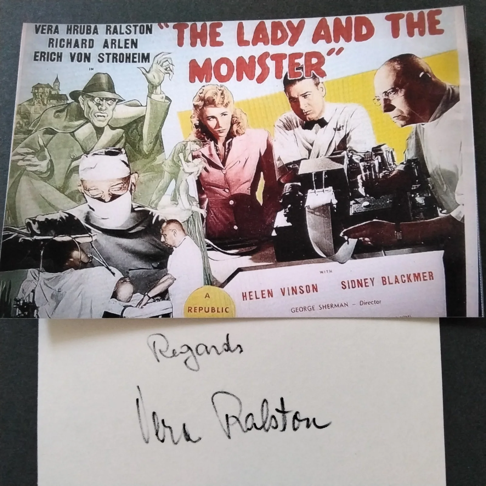 Vera Ralston SIGNED Card Photo 40s Movie Actress Lady & Monster Jane Doe Olympic, изображение 2