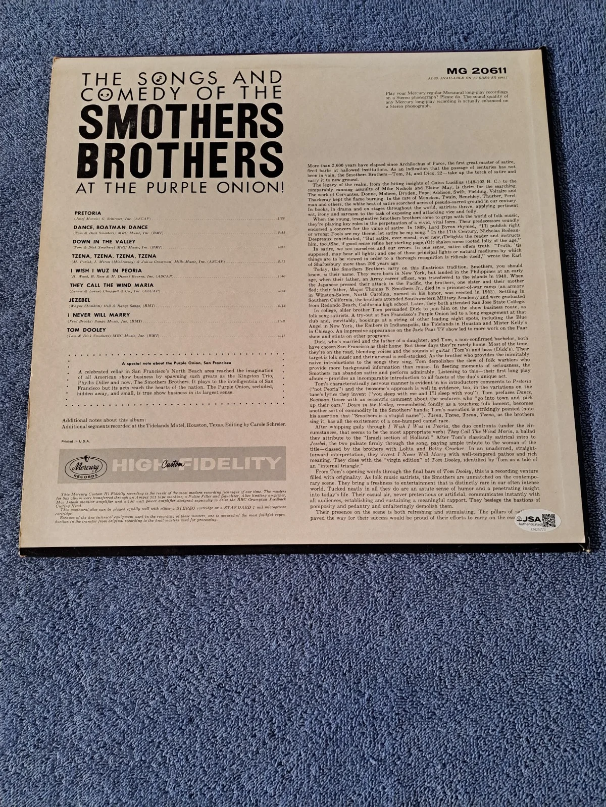 DICK & TOM SMOTHERS BROTHERS SIGNED "AT THE PURPLE ONION" LP VINYL RECORD JSA, image 2