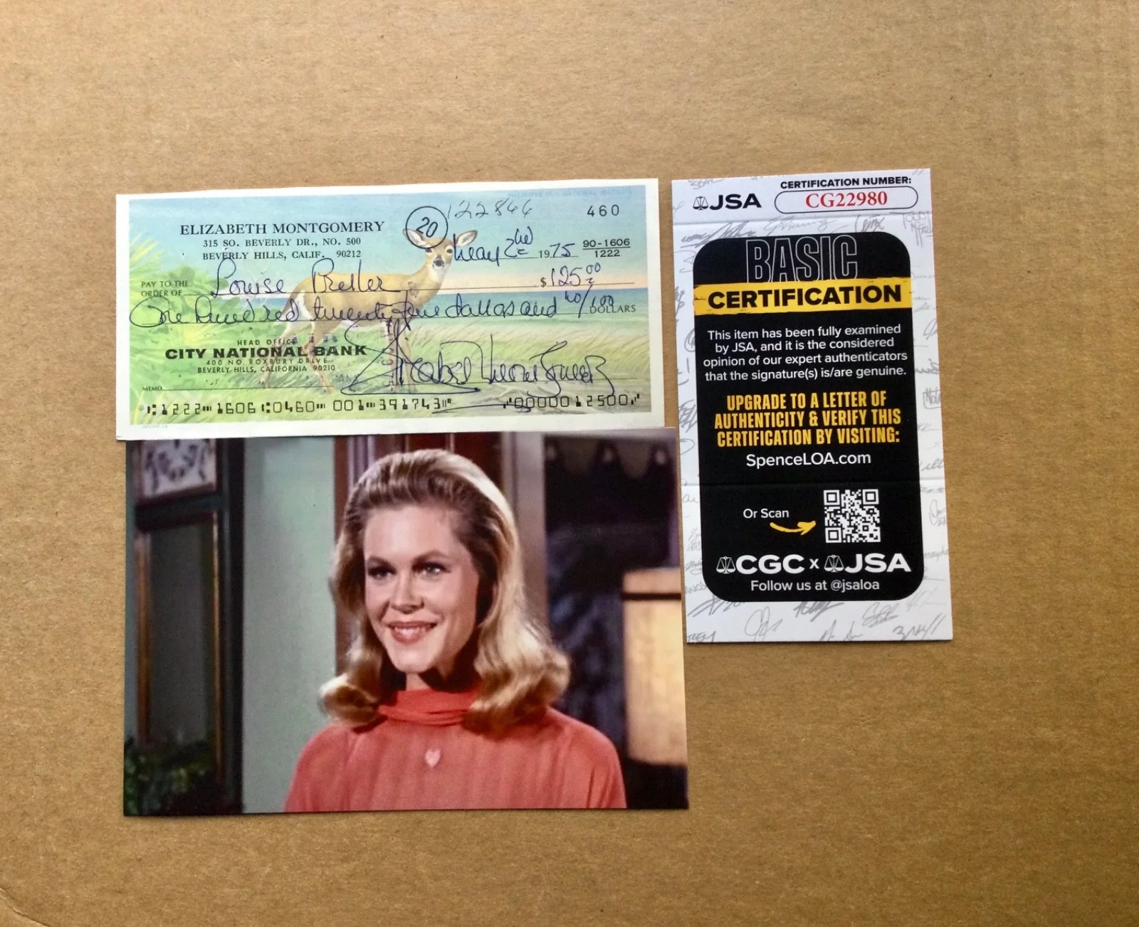 Elizabeth Montgomery — Elizabeth Montgomery (1933-1995) star of Bewitched Handwritten Check JSA Authn.