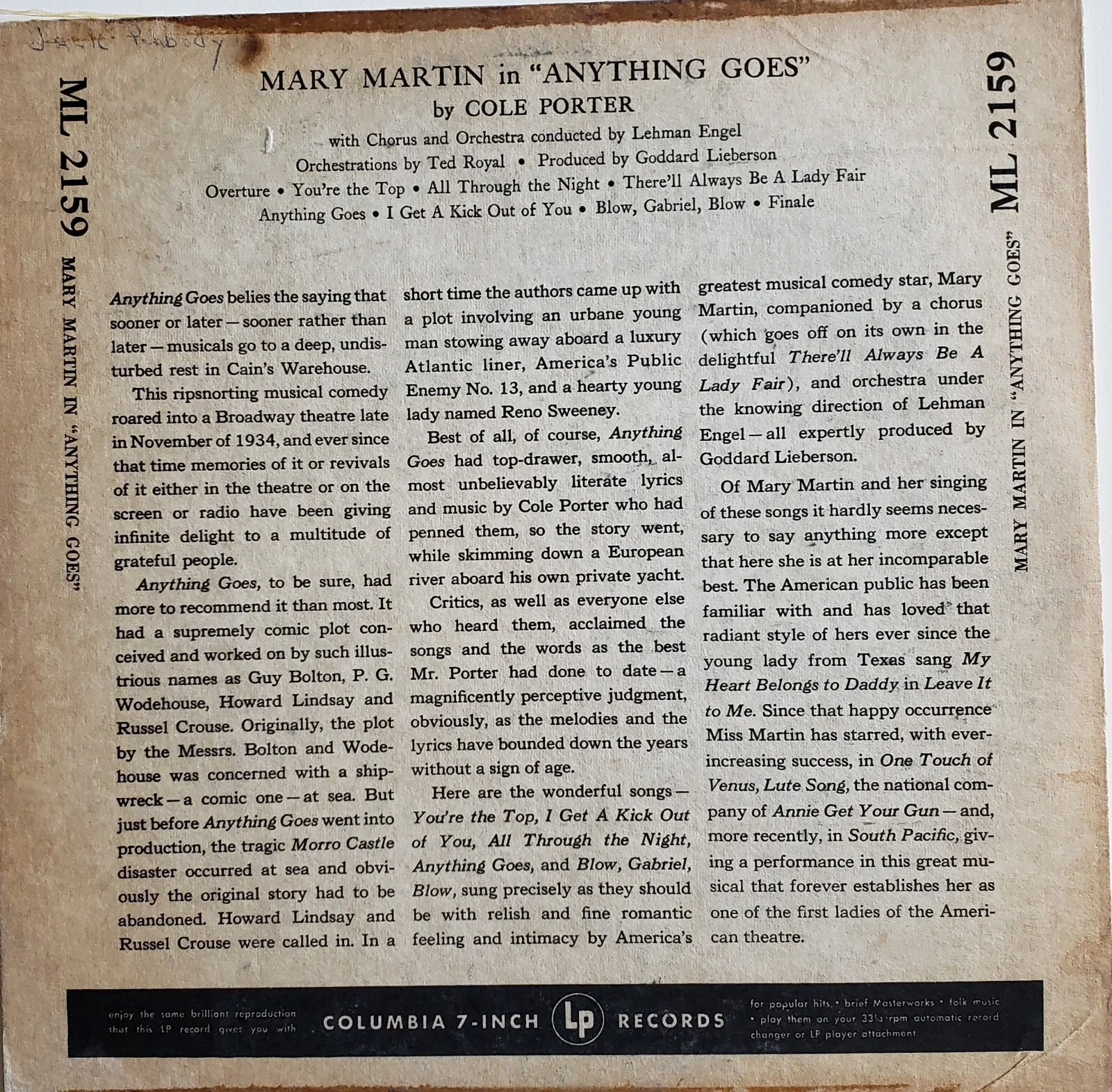 Mary Martin — MARY MARTIN Hand Signed ANYTHING GOES Cole Porter Columbia LP 1950, изображение 3