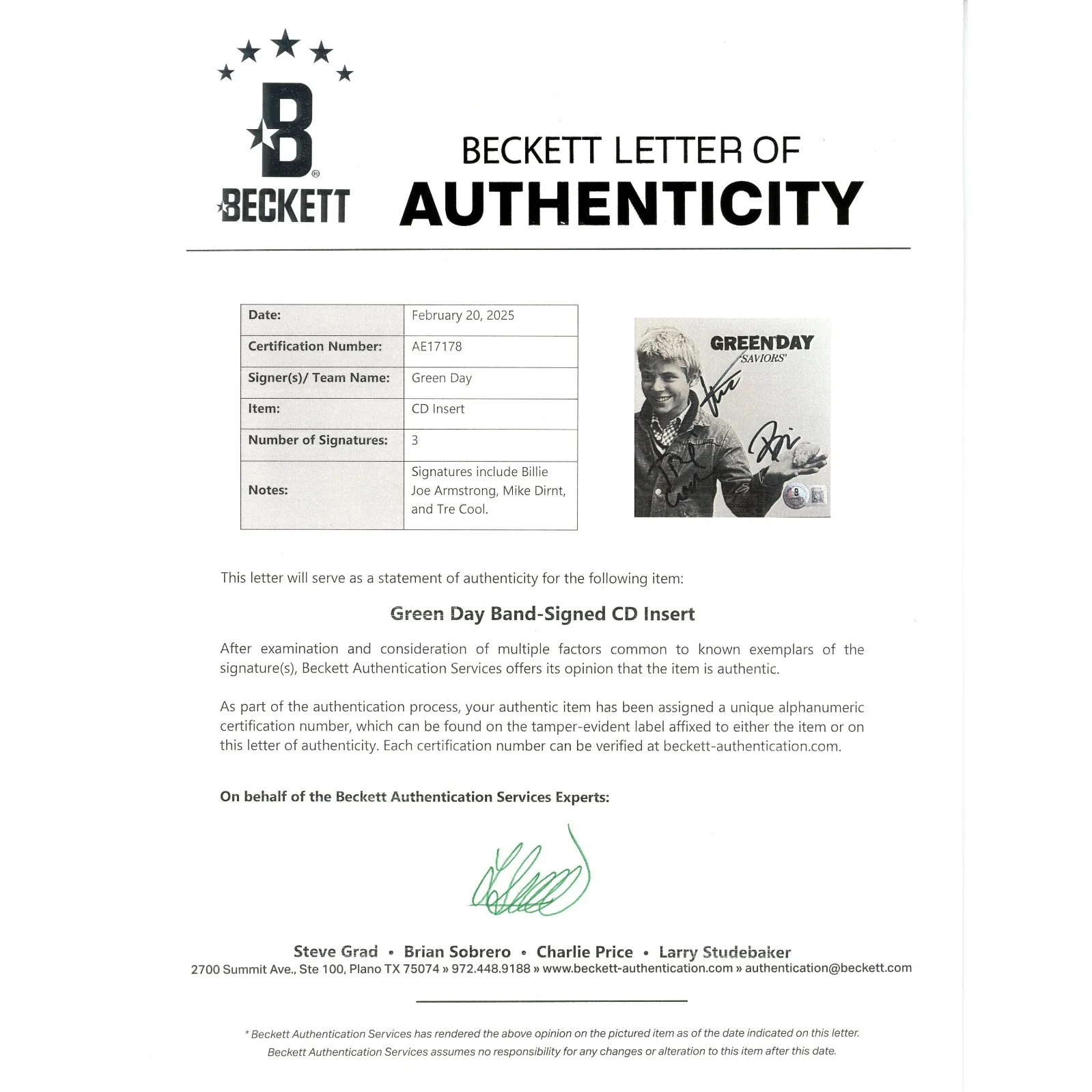 Billie Joe Armstrong, Mike Dirnt, Tre Cool — Green Day Signed Saviors CD Booklet Beckett BAS COA Framed Billie Joe Armstrong, изображение 5