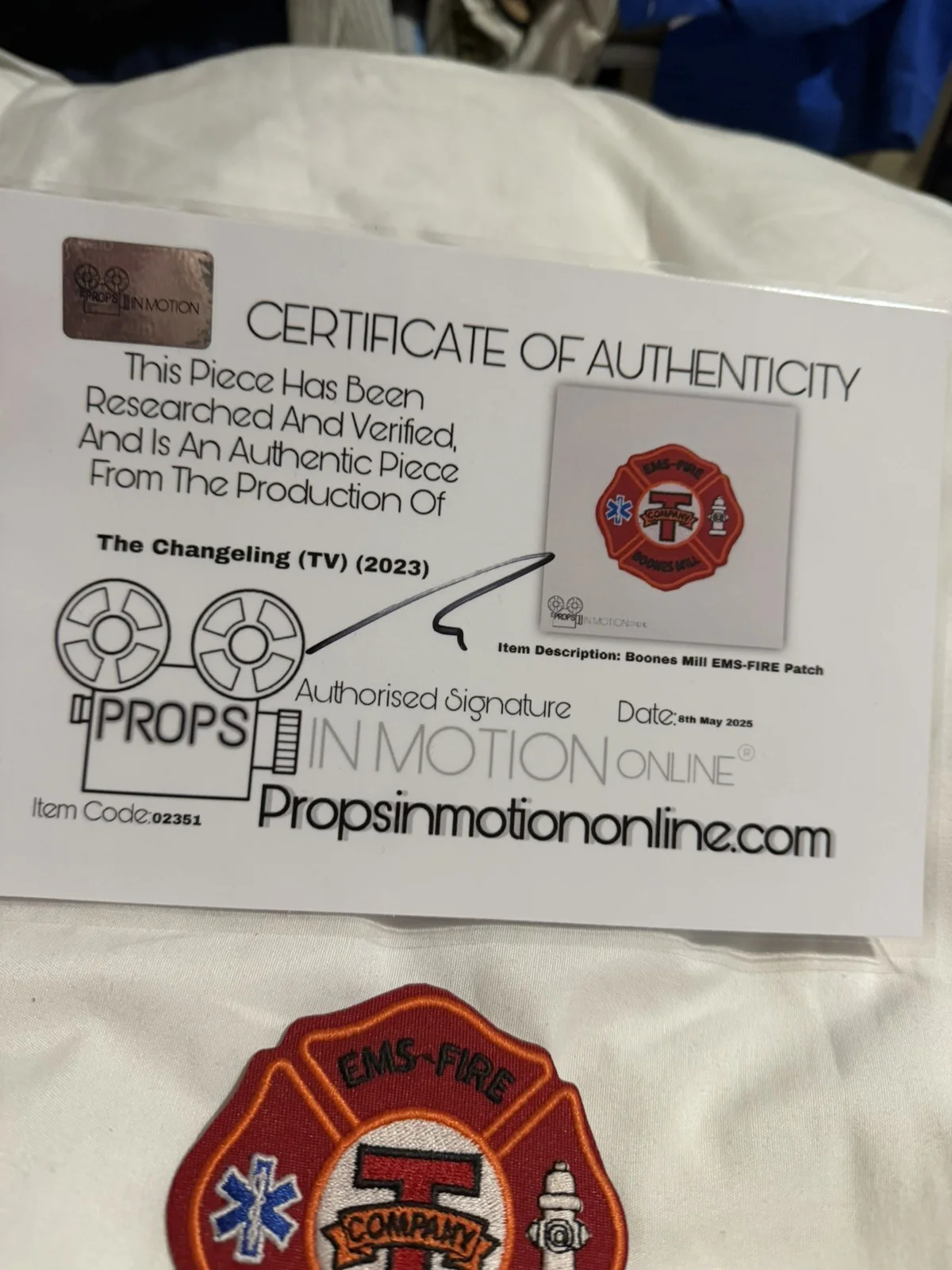 The Changeling Screen Used Movie Prop Film TV COA Rare Horror patch, изображение 2