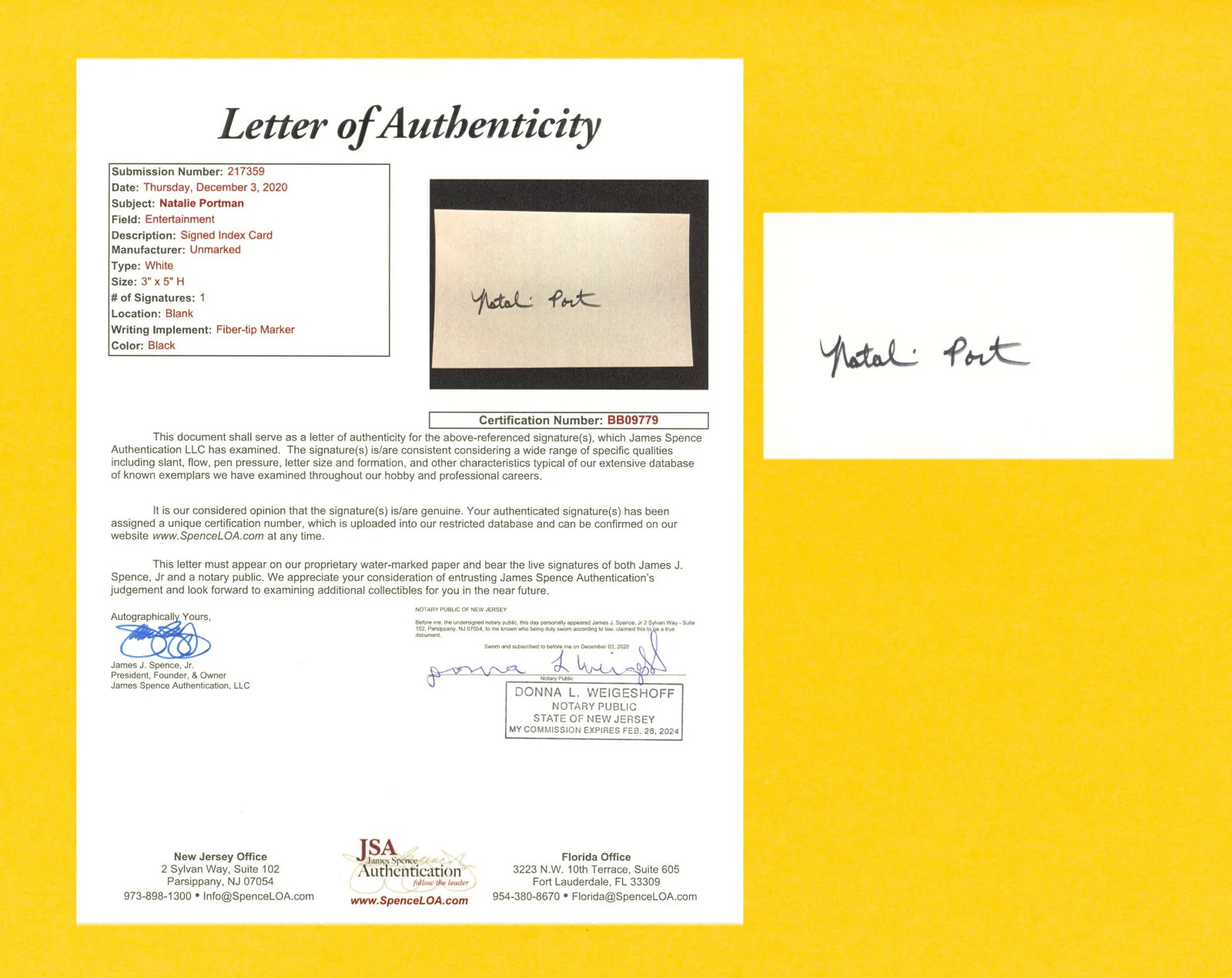 Natalie Portman — Natalie Portman Signed JSA LOA 3X5 Cut Signature Auto Autographed COA BB09779
