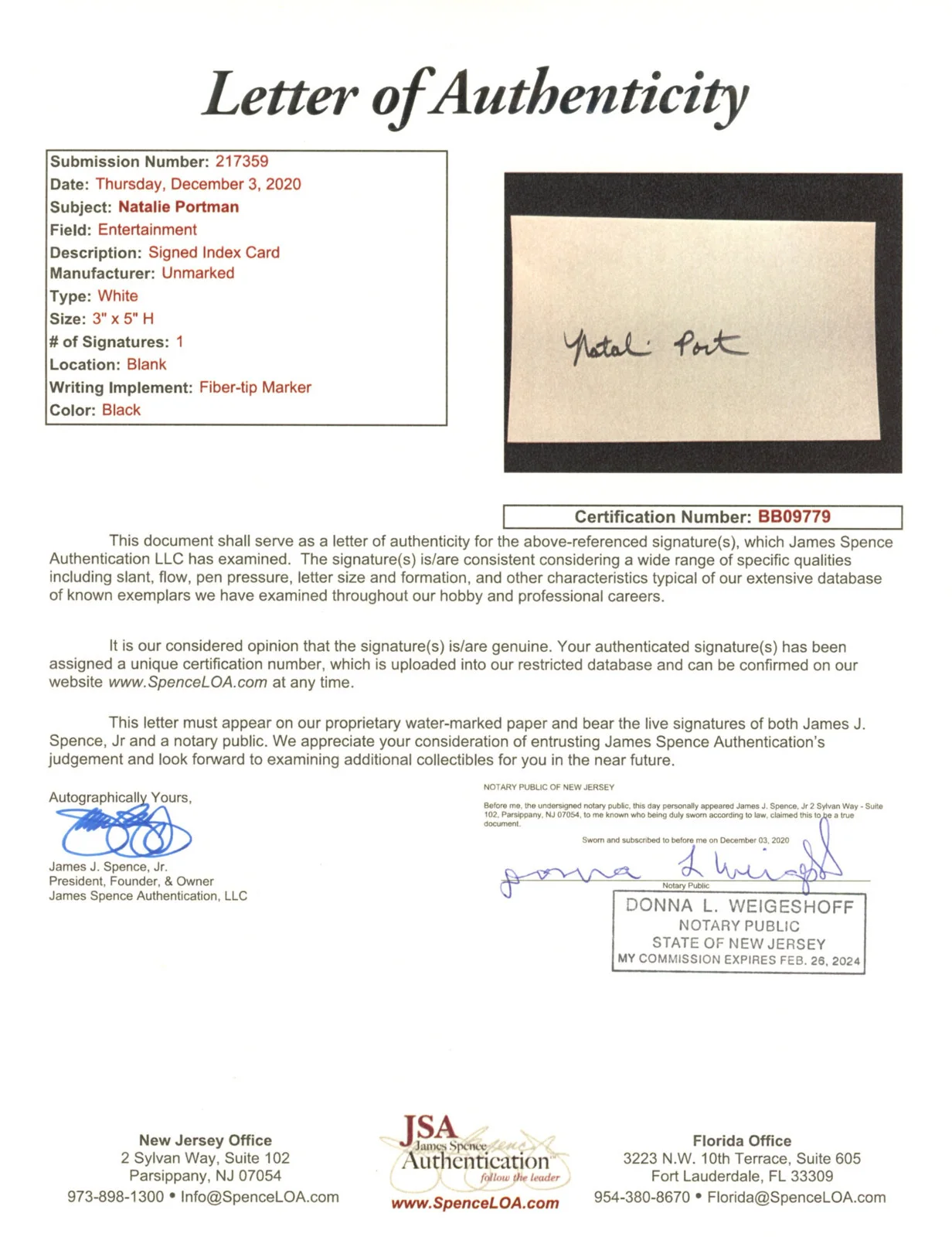 Natalie Portman — Natalie Portman Signed JSA LOA 3X5 Cut Signature Auto Autographed COA BB09779, image 4