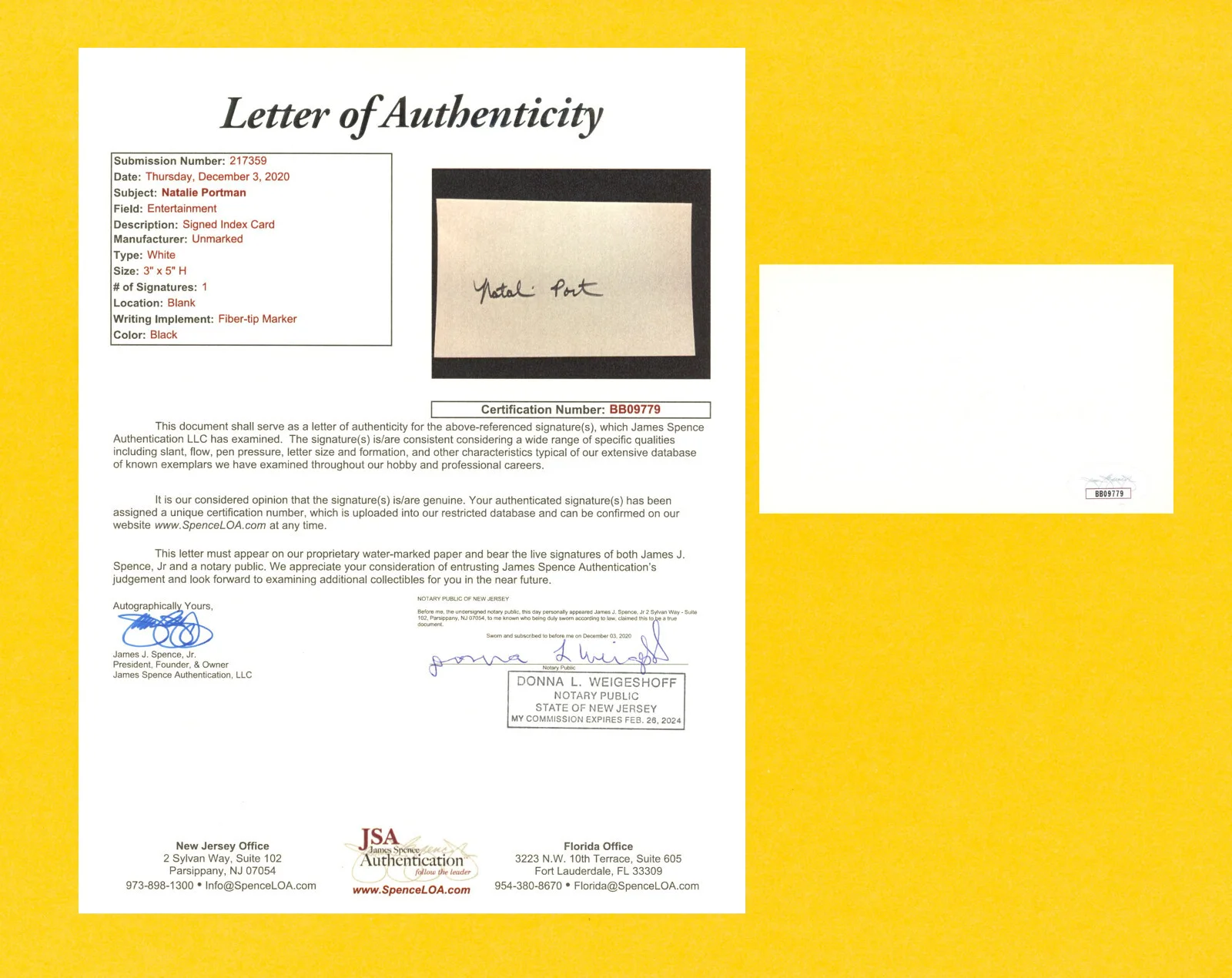 Natalie Portman — Natalie Portman Signed JSA LOA 3X5 Cut Signature Auto Autographed COA BB09779, image 5