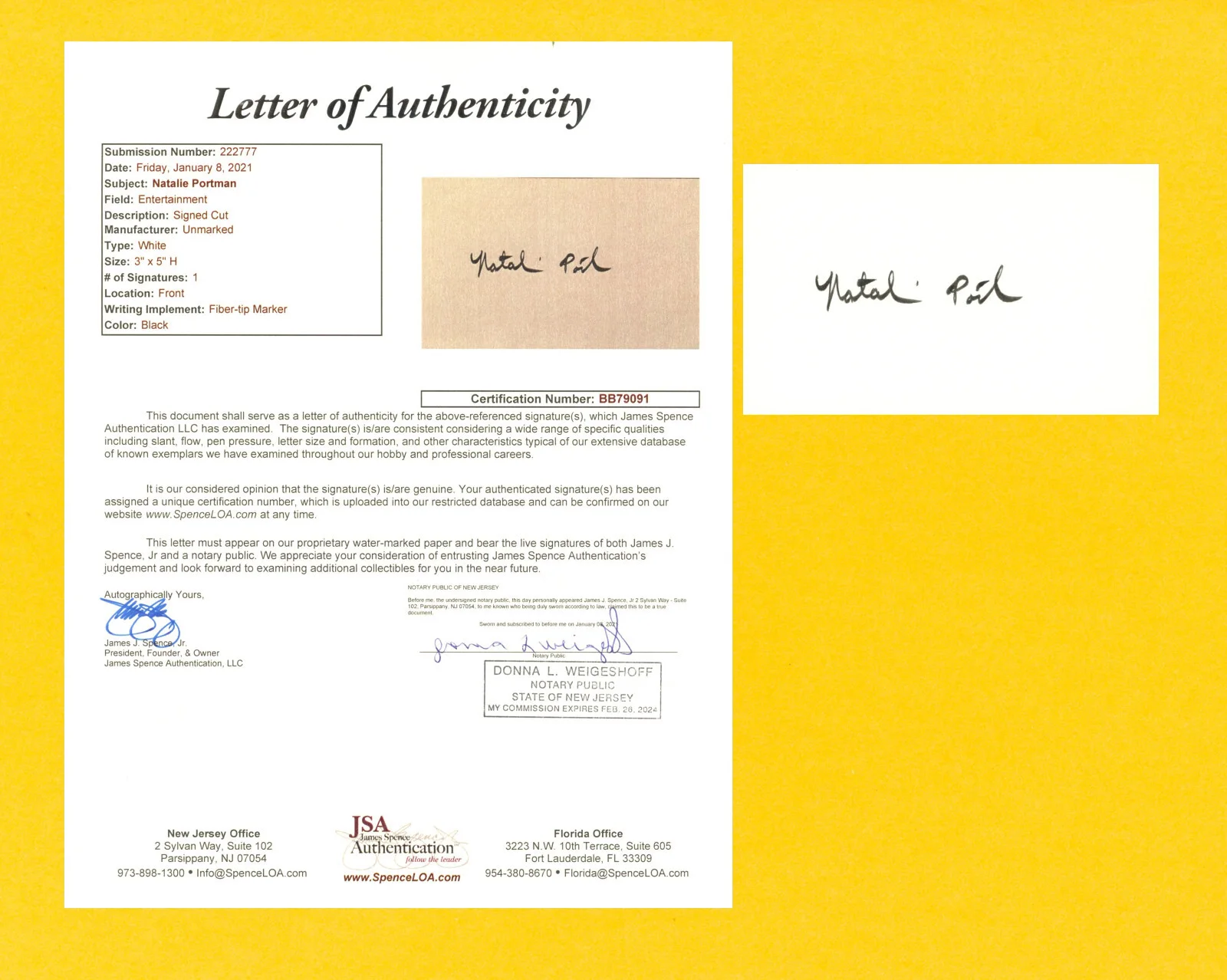 Natalie Portman — Natalie Portman Signed JSA LOA 3X5 Cut Signature Auto Autographed COA BB79091