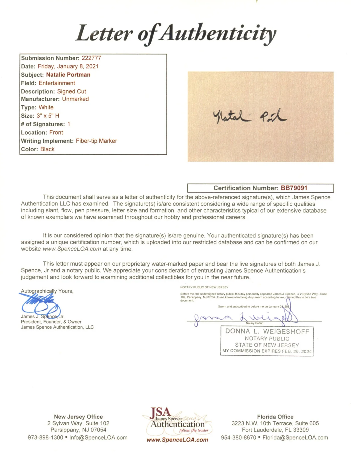 Natalie Portman — Natalie Portman Signed JSA LOA 3X5 Cut Signature Auto Autographed COA BB79091, image 4
