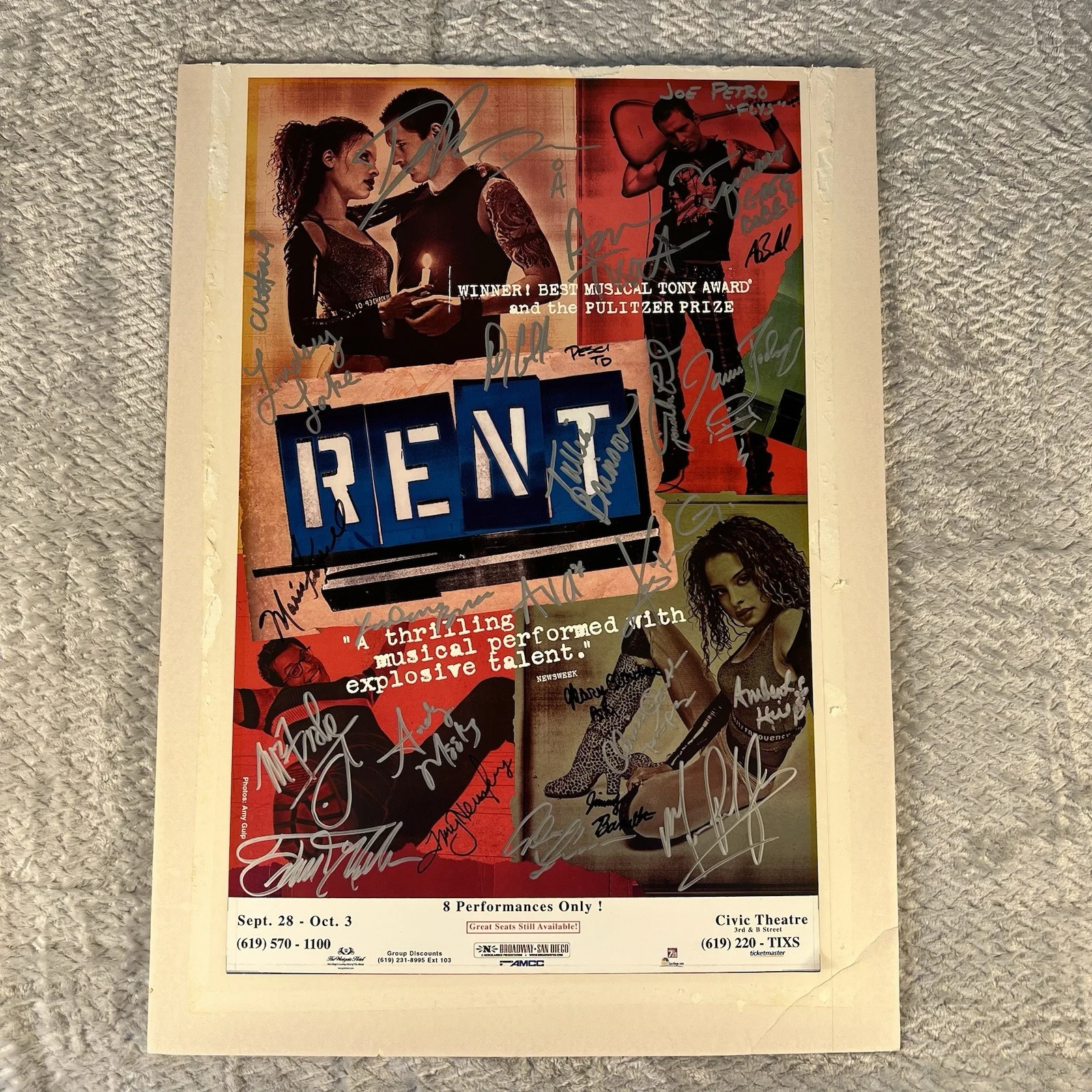 Lindsey Lake, Joe Petro, Greg Dober — RENT Broadway Musical Cast Signed Window Card Poster 2004 San Diego Tour Civic
