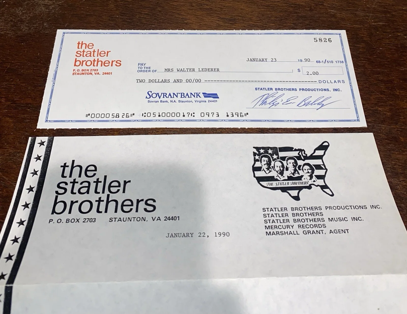The Statler Brothers Productions 1990 Check Signed By Philip Balsley, image 2
