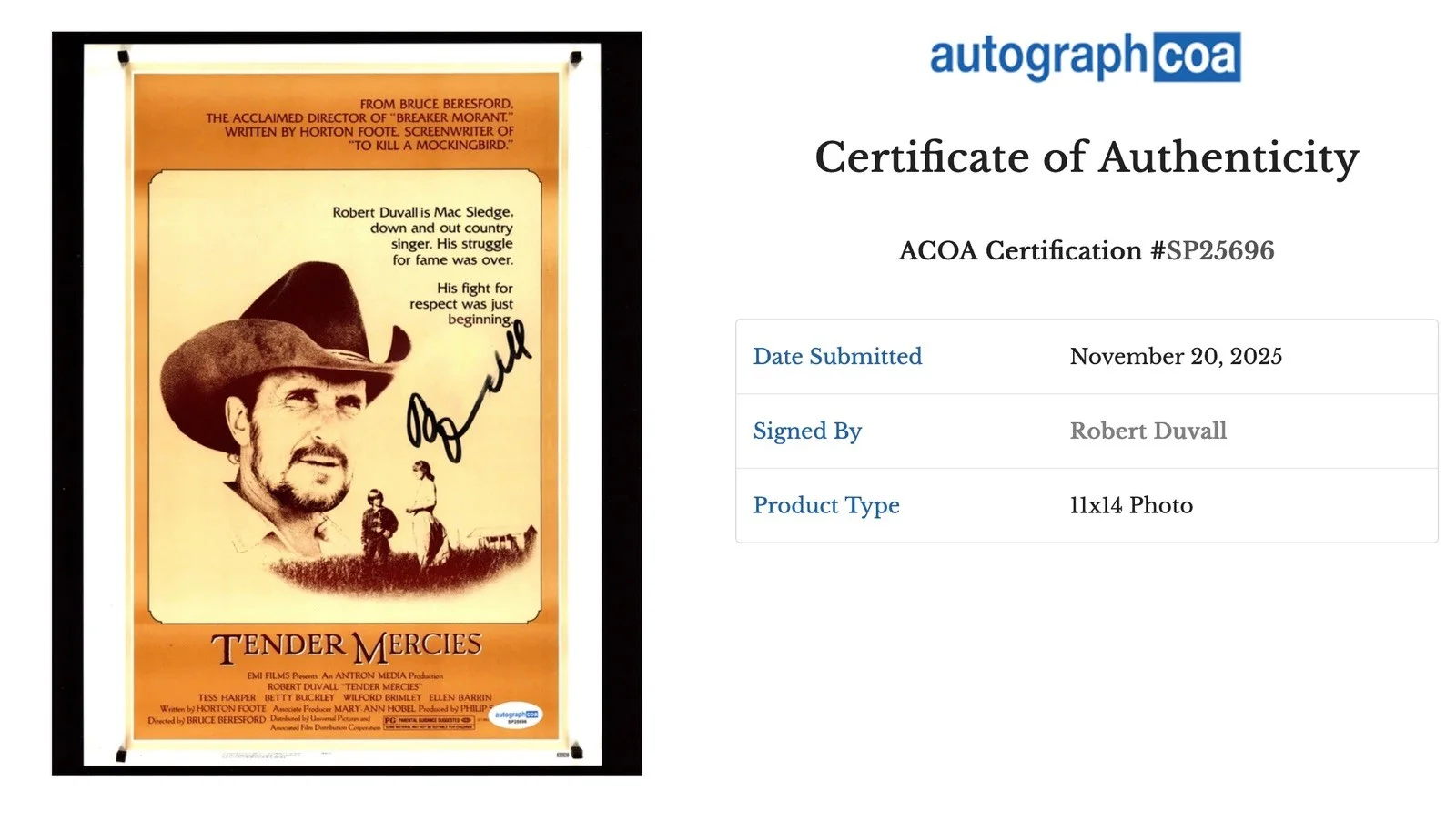 Robert Duvall — Robert Duvall Signed Tender Mercies 11x14" Movie Photo - AutographCOA / ACOA COA, изображение 3