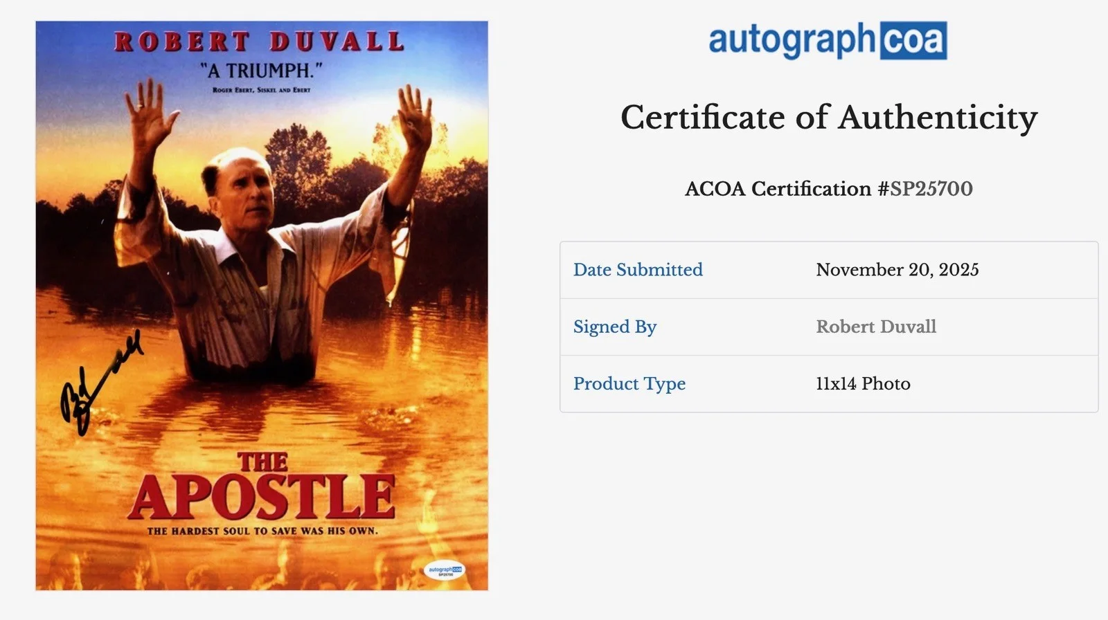 Robert Duvall — Robert Duvall Signed The Apostle 11x14" Movie Photo - AutographCOA / ACOA COA, изображение 3