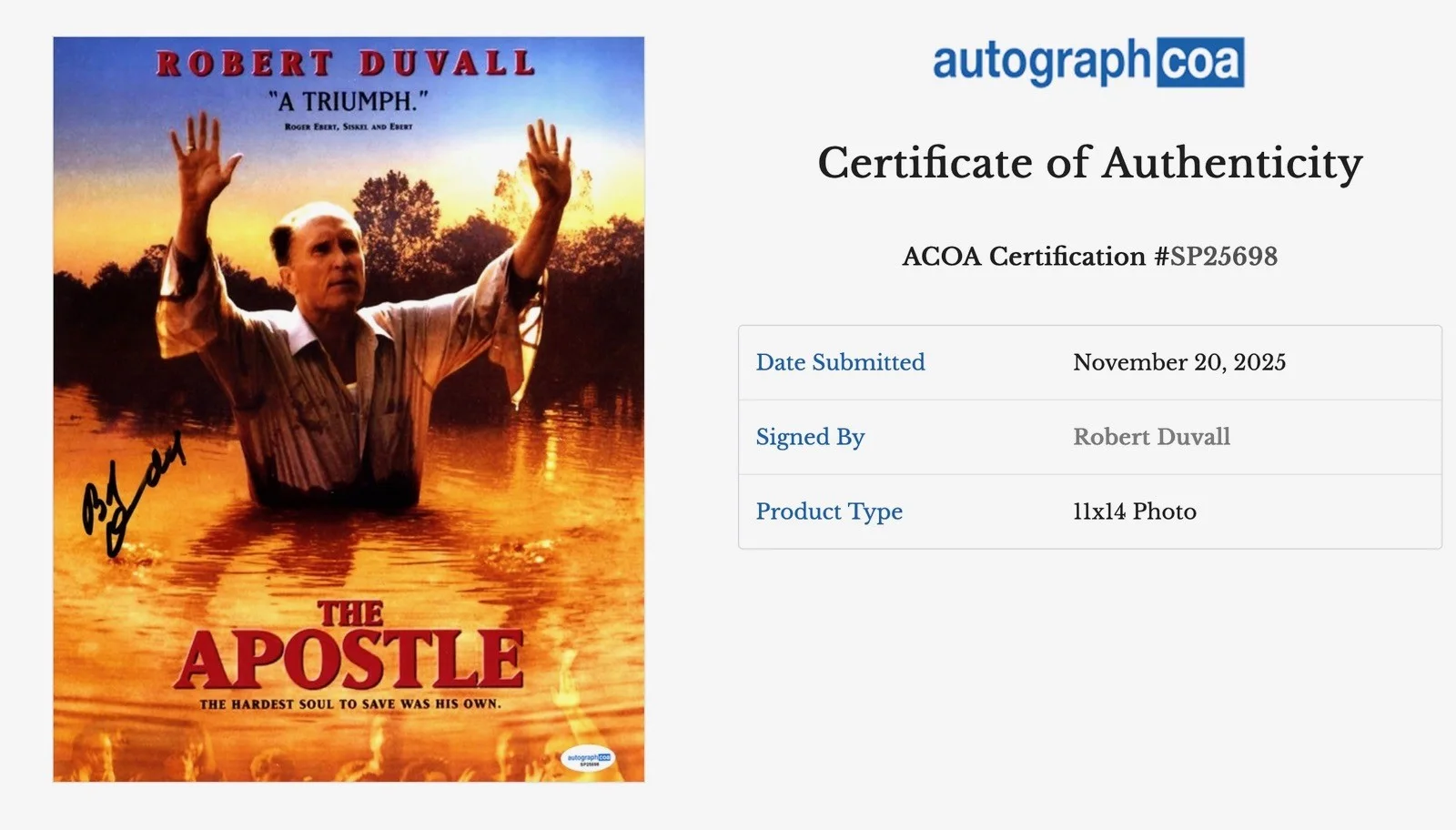 Robert Duvall — Robert Duvall Signed The Apostle 11x14" Movie Photo - AutographCOA / ACOA COA, image 3