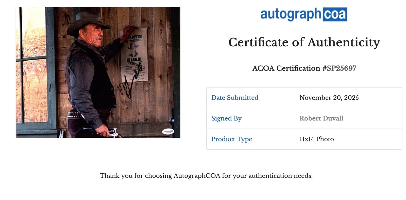 Robert Duvall — Robert Duvall Signed Open Range 11x14" Movie Photo - AutographCOA / ACOA COA, изображение 3