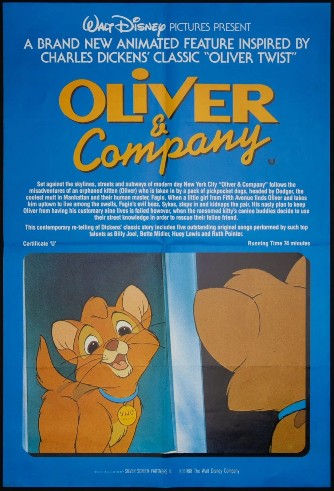 Oliver and Company ORIGINAL Quad Movie Film Poster+ Double Crown Disney 1988, изображение 3