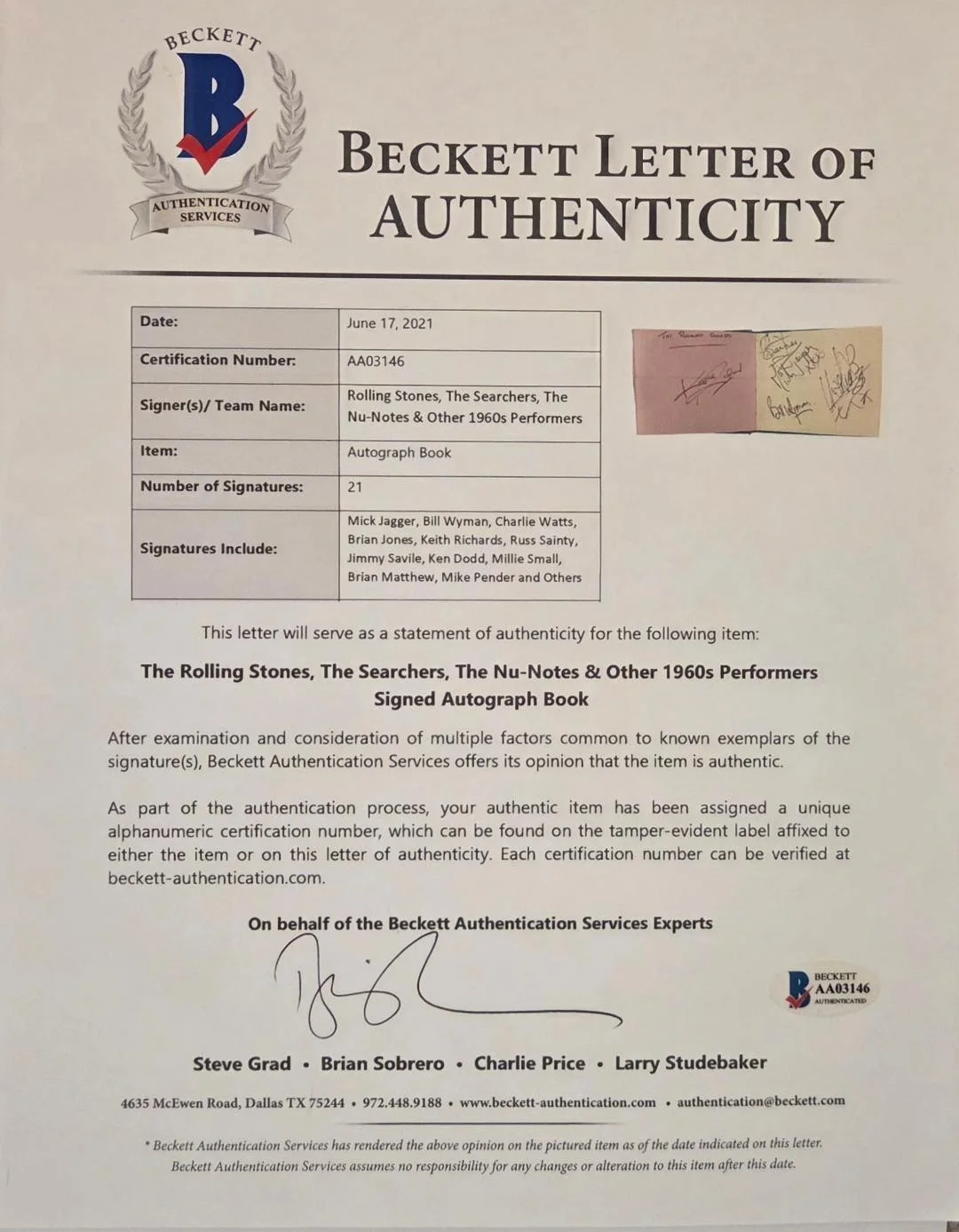 Rolling Stones Signed Autograph Book Page All 5 Original Members BAS Beckett LOA, изображение 3