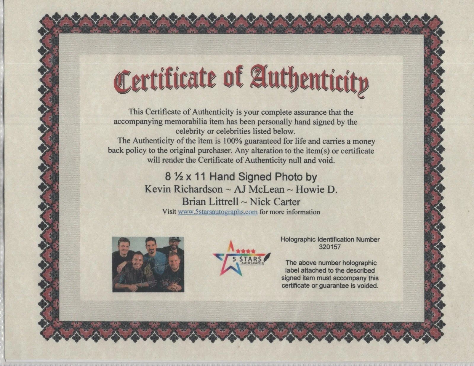 BACKSTREET BOYS BAND AUTOGRAPHED 8 1/2 X 11 PHOTO / COA, изображение 2