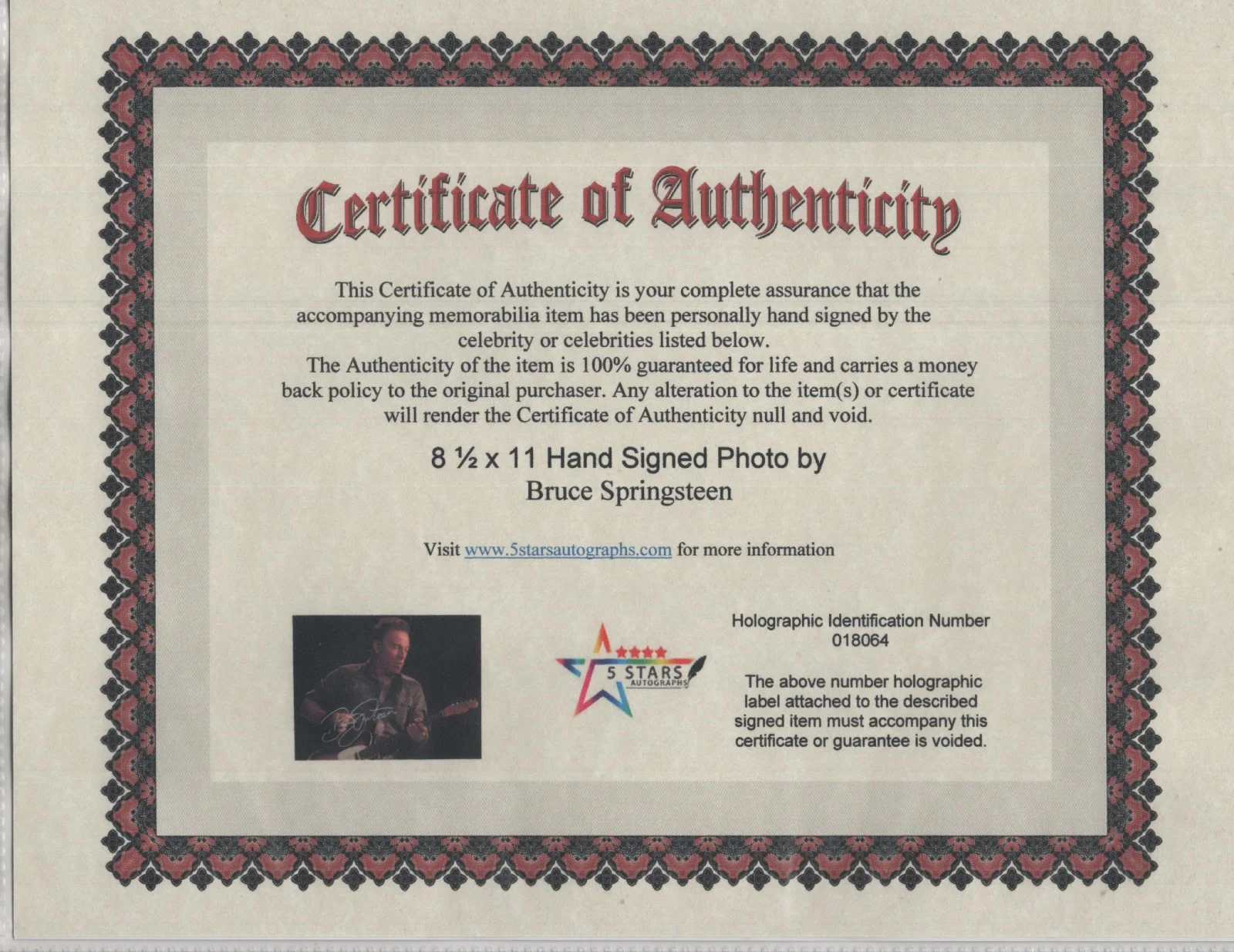 BRUCE SPRINGSTEEN AUTOGRAPHED 8 1/2 X 11 COLOR PHOTO / COA, image 2