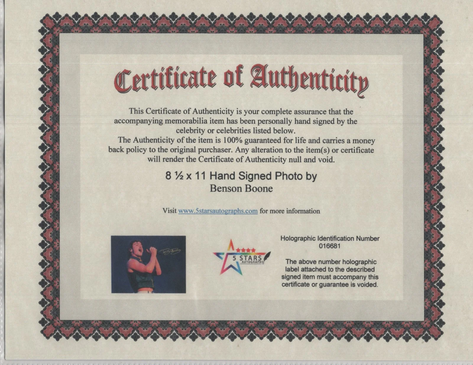 BENSON BOONE AUTOGRAPHED 8 1/2 X 11 COLOR PHOTO / COA, image 2