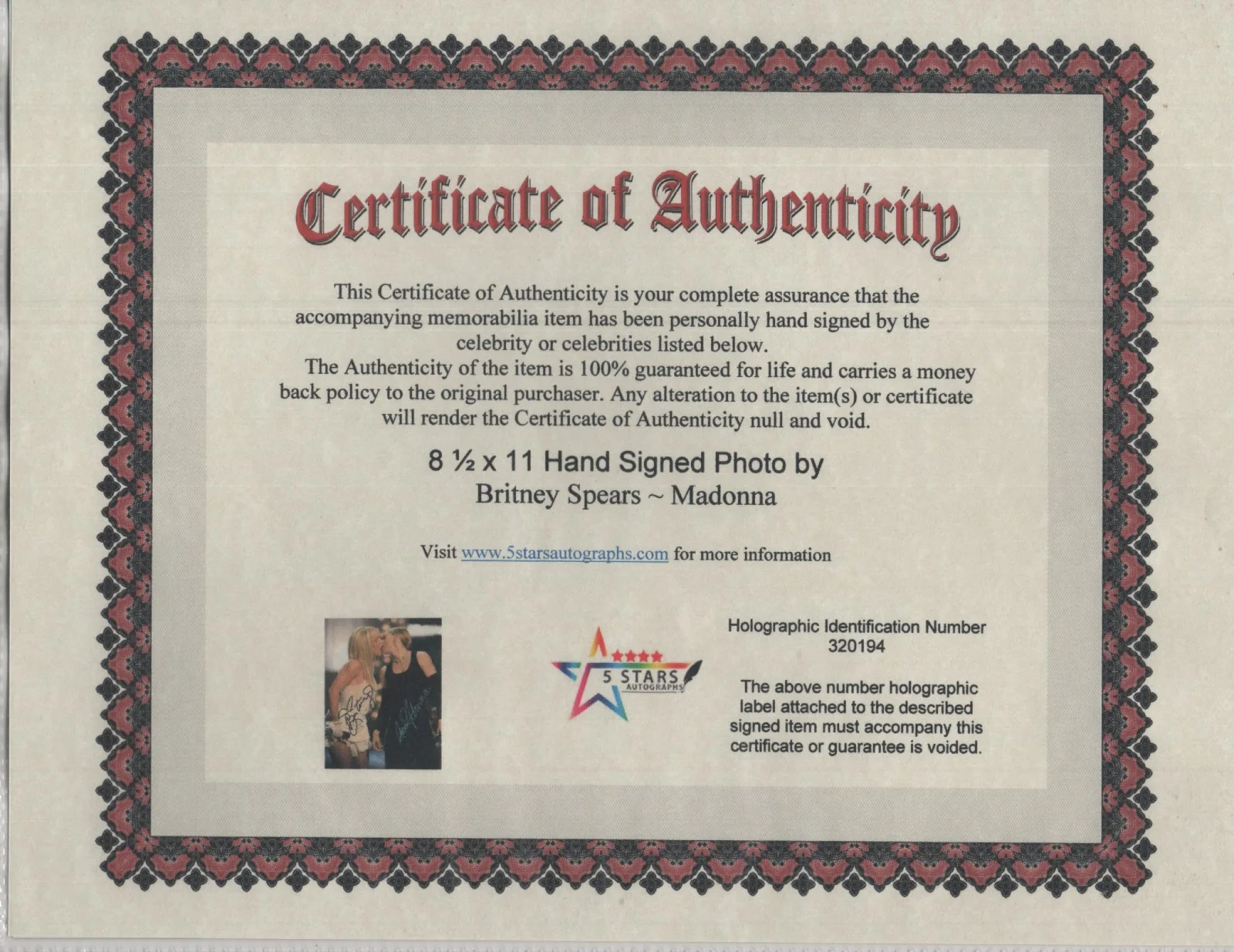 BRITNEY SPEARS - MADONNA - DOUBLE AUTOGRAPHED 8 1/2 X 11 COLOR PHOTO / COA, image 2
