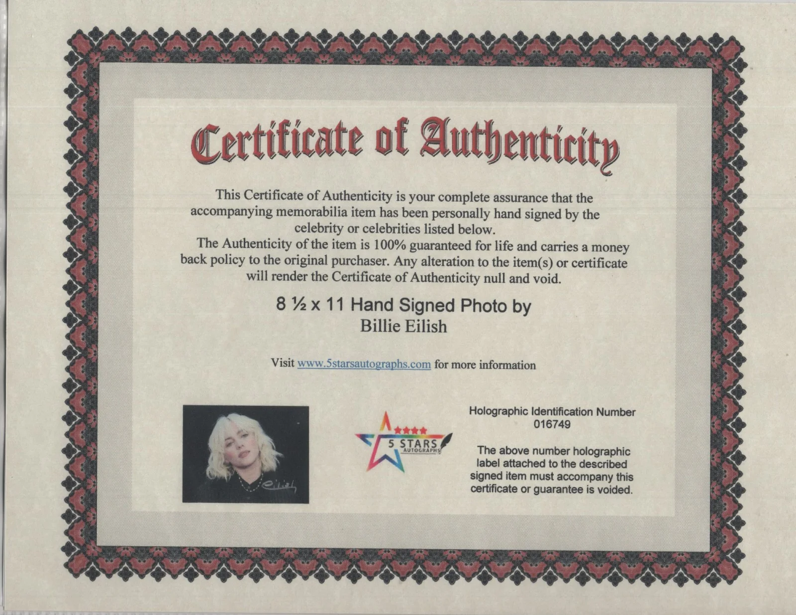 BILLIE EILISH AUTOGRAPHED 8 1/2 X 11 PHOTO / COA, image 2