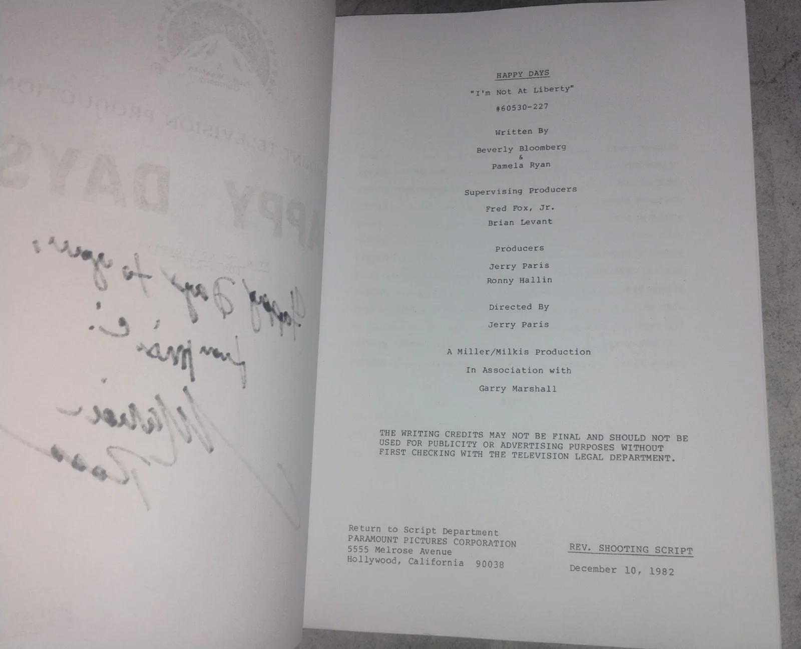 Marion Ross Hand Signed Happy Days Script COA - NO US TARIFFS, image 4