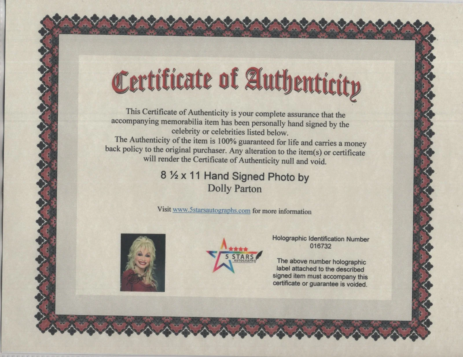 DOLLY PARTON HAND SIGNED 8 1/2 X 11 STUNNING COLOR PHOTO / COA, изображение 2