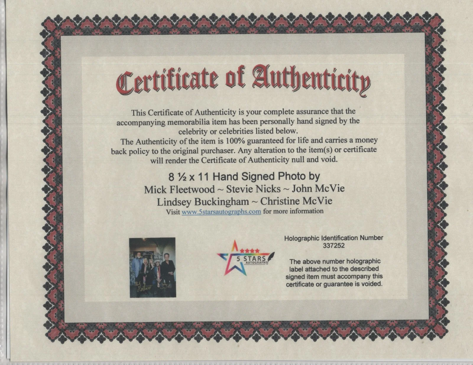 FLEETWOOD MAC BAND AUTOGRAPHED 8 1/2 X 11 PHOTO / COA, изображение 2