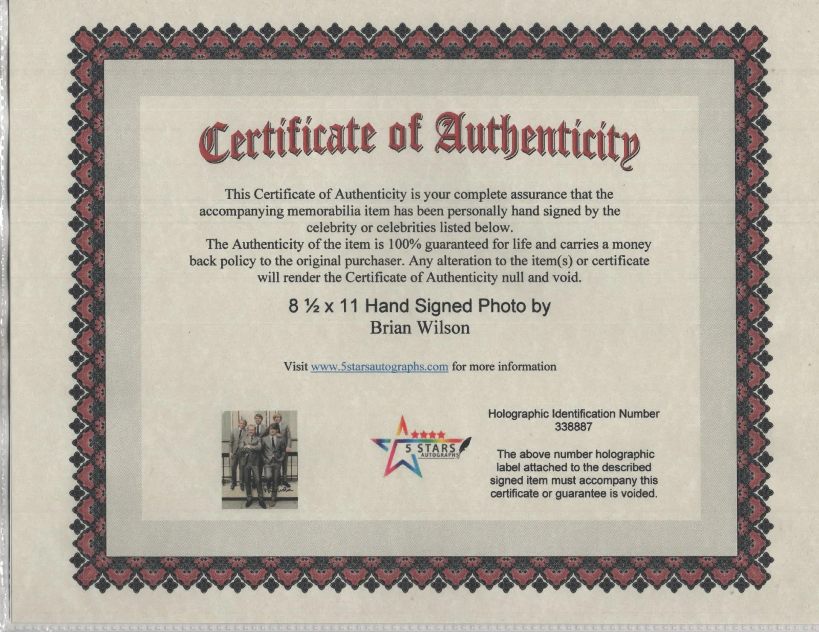 BRIAN WILSON BEACH BOYS SONGWRITER AUTOGRAPHED 8 1/2 X 11 COLOR PHOTO / COA, изображение 2