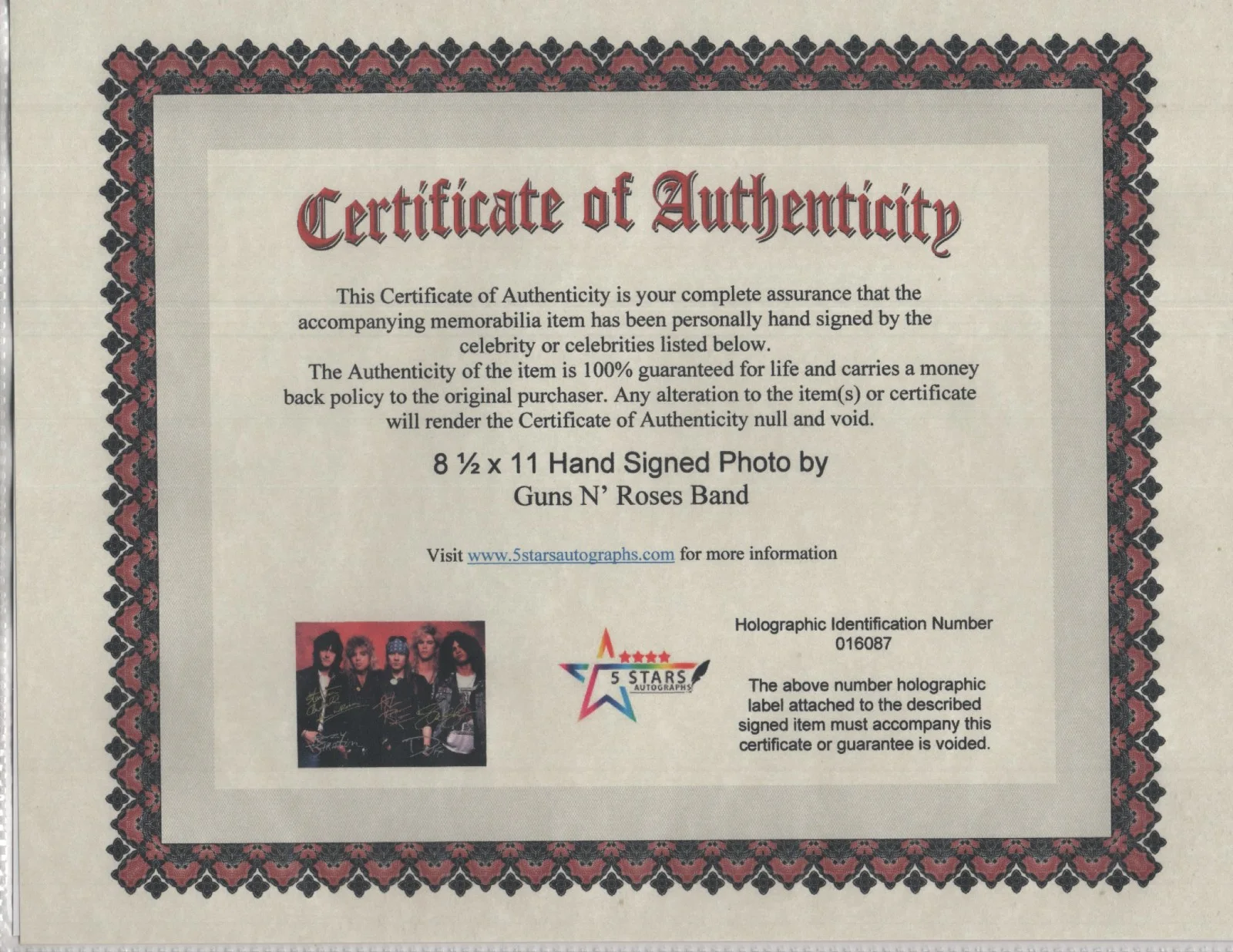 GUNS N' ROSES BAND ALL MEMBERS AUTOGRAPHED 8 1/2 X 11 PHOTO / COA, изображение 2