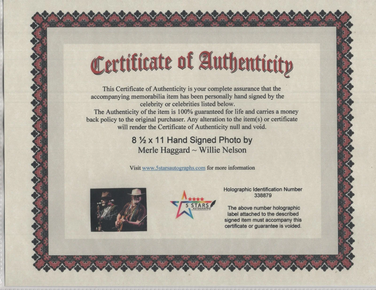 WILLIE NELSON - MERLE HAGGARD DOUBLE AUTOGRAPHED 8 1/2 X 11 COLOR PHOTO / COA, image 2