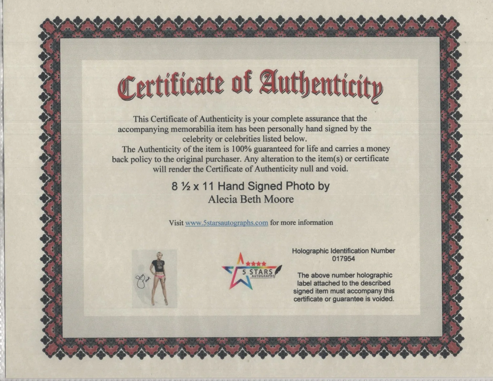 PINK THE SINGER AUTOGRAPHED 8 1/2 X 11 PHOTO / COA, изображение 2